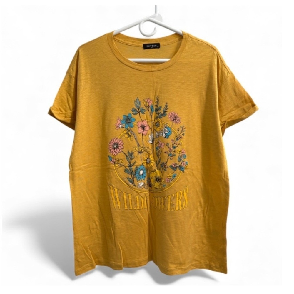 Zutter Mustard Yellow Wildflowers Graphic Tee Women Large Cotton T-Shirt